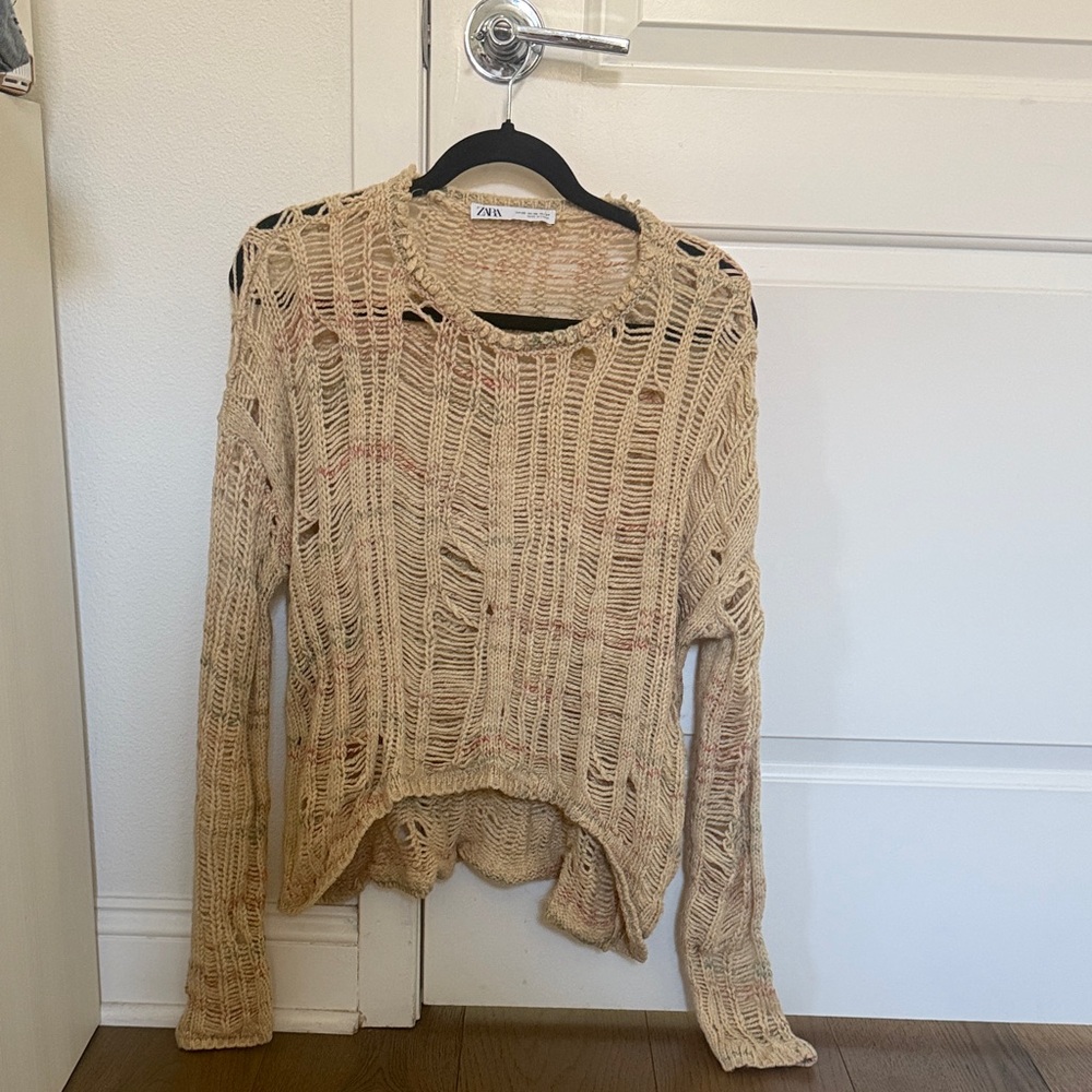 Zara Tan Distressed Knit Sweater Women Size XS